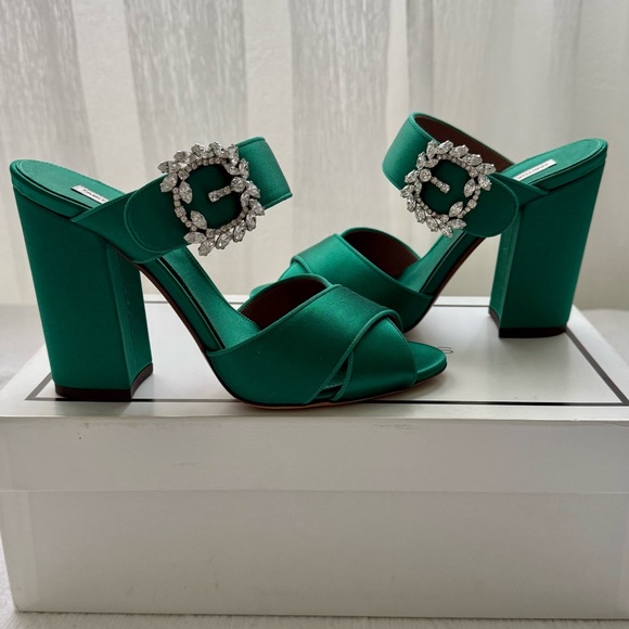 Tabitha Simmons Reyner Emerald Satin Block Heels - Picture 5 of 14